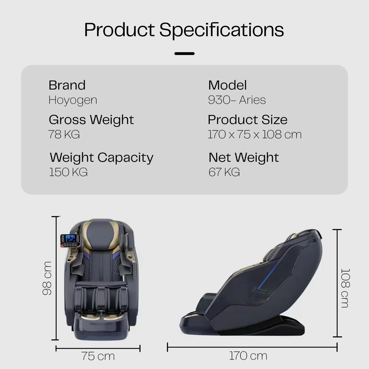 Hoyogen 930-Aries full body massage chair with dimensions and specs for Dubai UAE