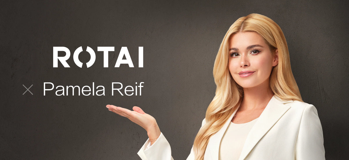 A promotional banner featuring a blonde woman in a white blazer gesturing with her hand next to the text 'ROTAI x Pamela Reif' on a dark textured background.