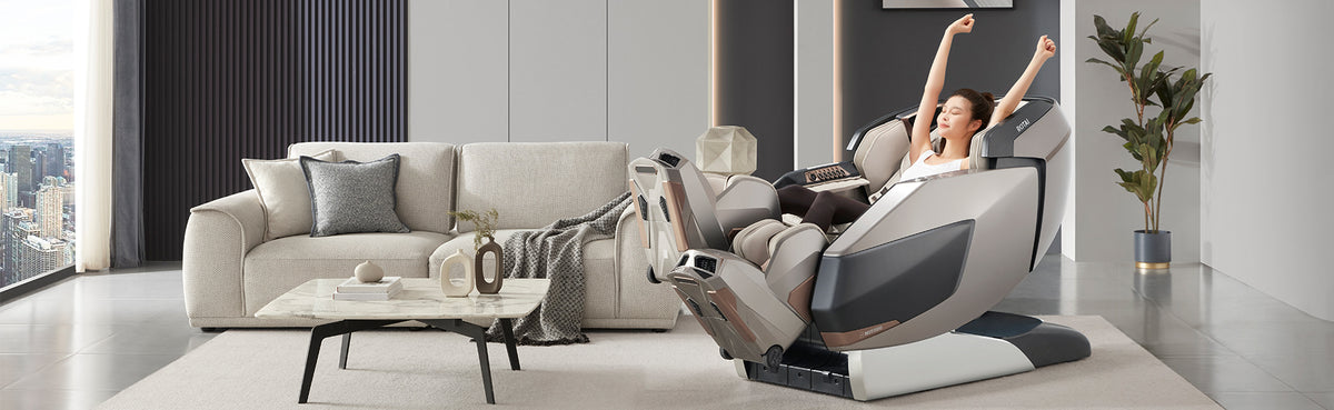 Woman relaxing in a ROTAI massage chair at home