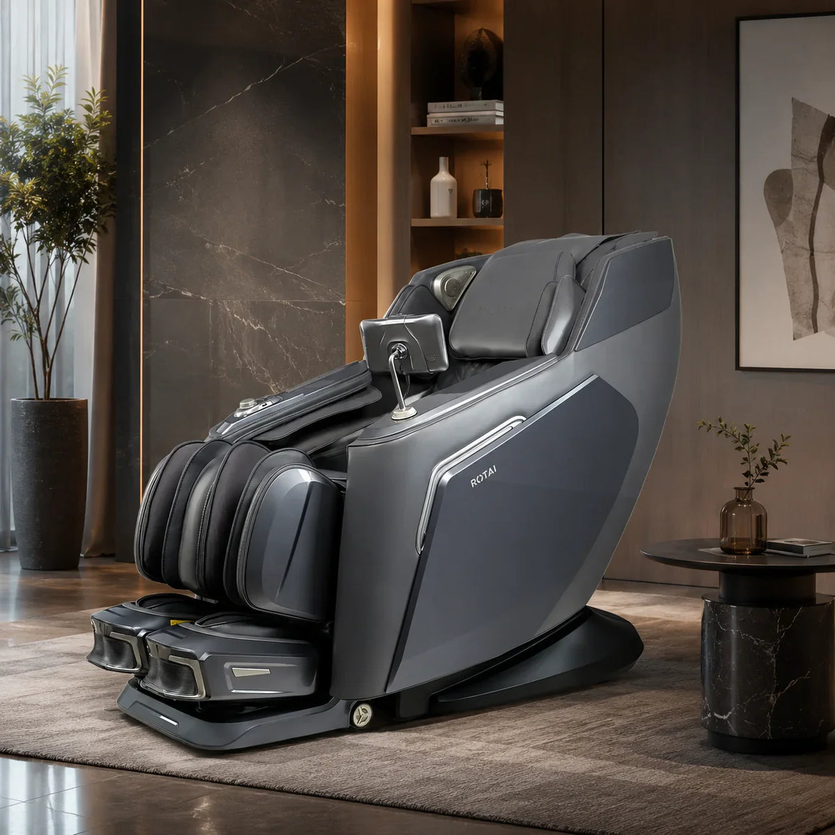 Luxury full body massage chair in modern living room, sleek gray design with ergonomic features