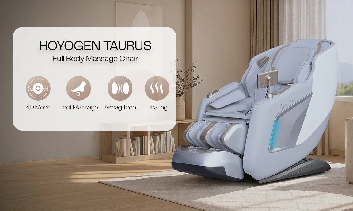 HOYOGENTaurus full body massage chair with 4D mech, foot massage, airbag tech, and heating features